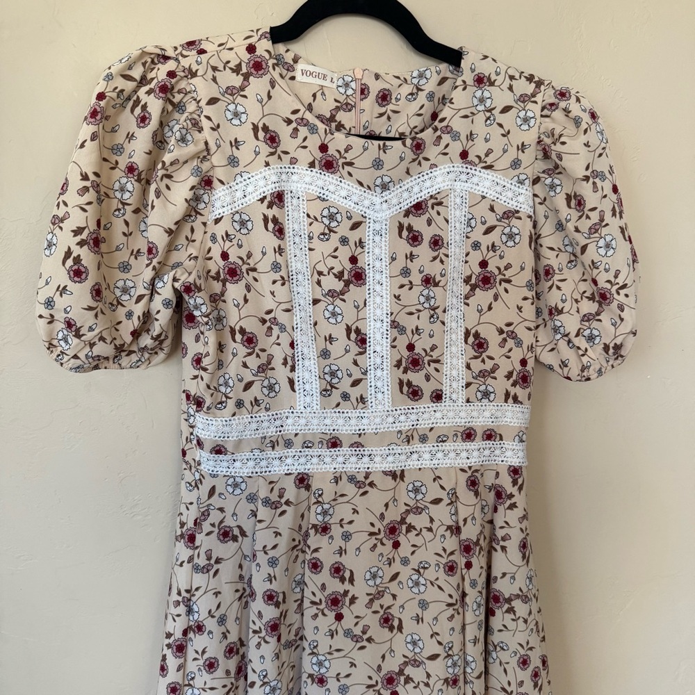 Vogue Floral Puff Sleeve Midi Dress Lace Trim Cottagecore Prairie Dress L - Picture 3 of 8